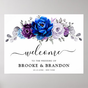 Affiche Mariage Bienvenue Fleur Royale Bleu Violet Lilas F