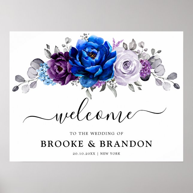 Affiche Mariage Bienvenue Fleur Royale Bleu Violet Lilas F (Devant)