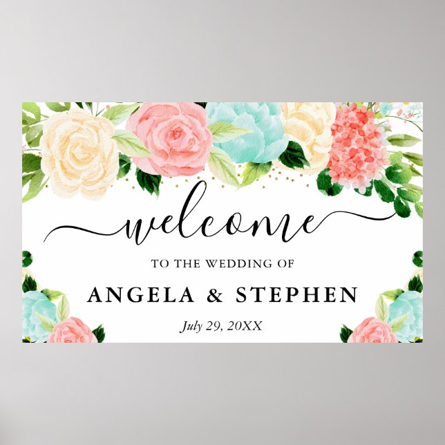 Affiche Mariage Bienvenue Fleurs Bohème Rose et Menthe (Devant)