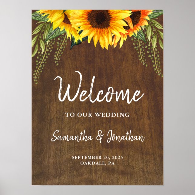Affiche Mariage Bienvenue Fleurs de soleil en bois rustiqu (Devant)