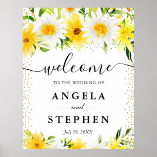 Affiche Mariage Bienvenue Marguerites et Fleurs Jaunes
