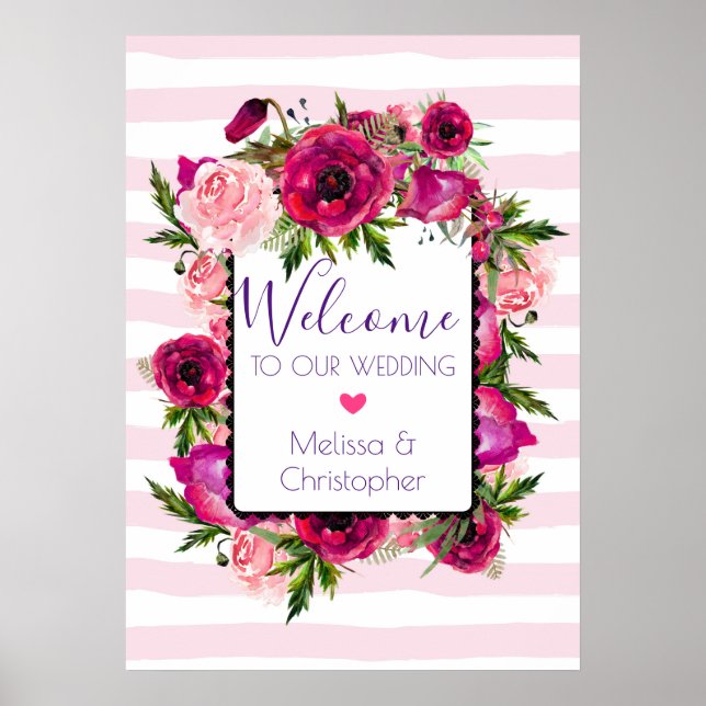 Affiche Mariage Bienvenue Rose rose & Bouquet floral Poppy (Devant)