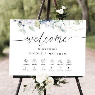 Affiche Mariage Bienvenue, Timeline Blanc Bleu Floral Sign
