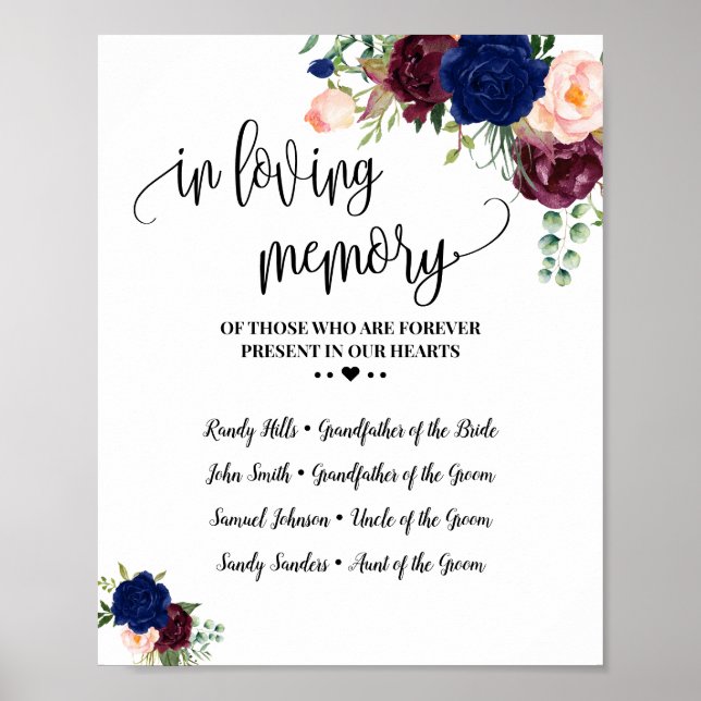 Affiche Mariage bleu marine et bordeaux en souvenir affect (Devant)