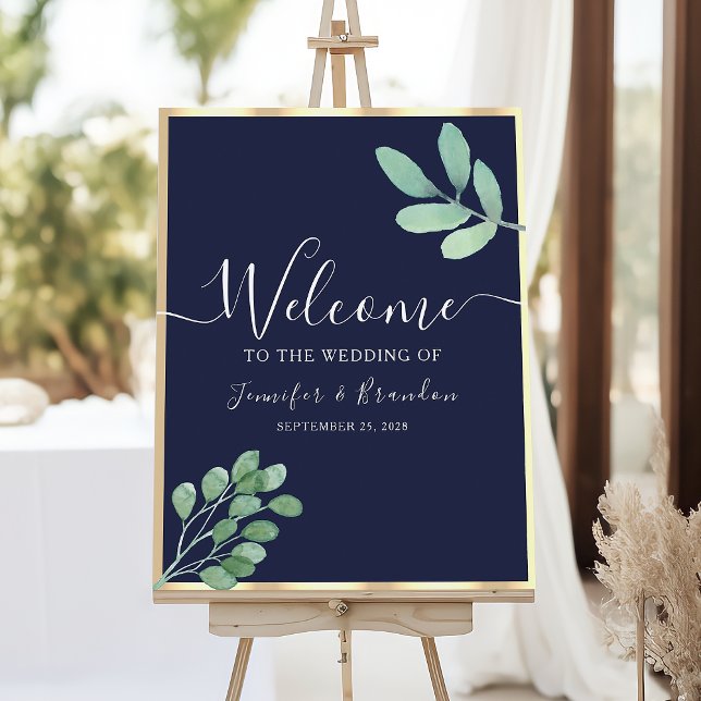 Affiche Mariage bleu marine et verdure Bienvenue (Créateur téléchargé)