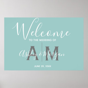 Affiche Mariage bleu moderne Couples Monogramme Bienvenue
