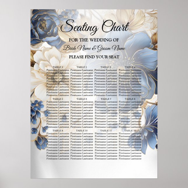 Affiche Mariage Bleu Nuit Blanc Floral Doré Argenté (Devant)