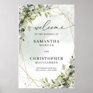 Affiche Mariage branché Boho eucalyptus cadre or bienvenue