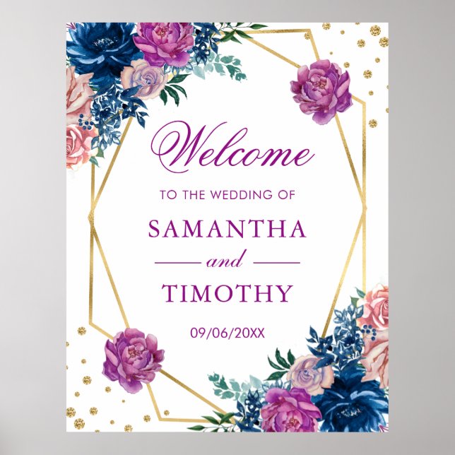 Affiche Mariage cadre doré fleurs d'été aquarelle Boho (Devant)