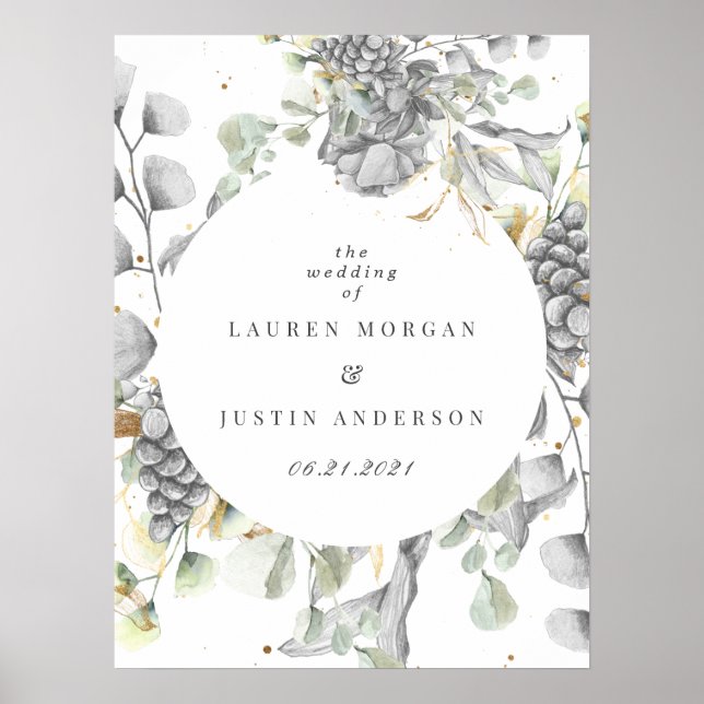 Affiche Mariage carré floral argent or dramatique (Devant)