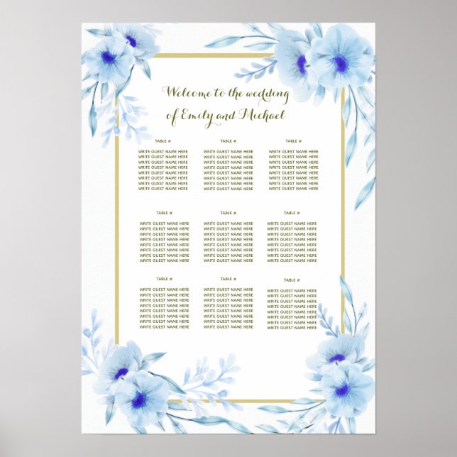 Affiche Mariage carte de sièges mariage floral bleu or (Devant)
