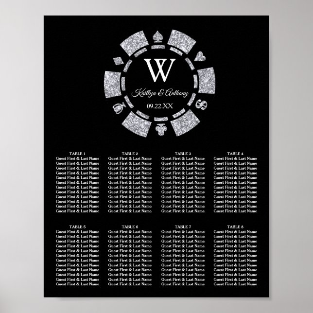 Affiche Mariage Casino Jetons de Poker Paillettes Argentée (Devant)