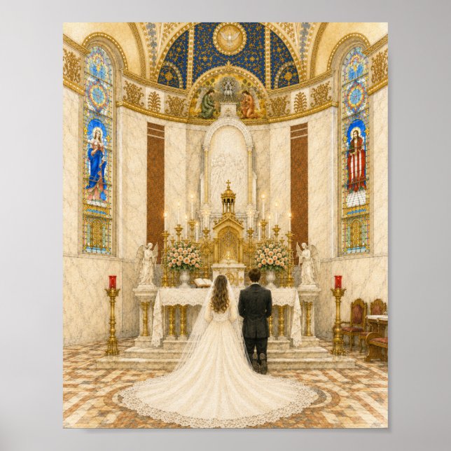 Affiche Mariage catholique : mariée et marié à l'église  (Devant)