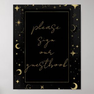 Affiche Mariage Céleste Lune Étoiles Noir & Or