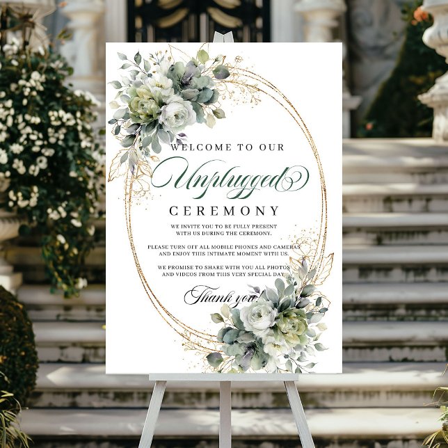 Affiche Mariage Cérémonie Non Branchée Botanique Vert Blan (Green White Botanical Unplugged Ceremony Wedding Poster)