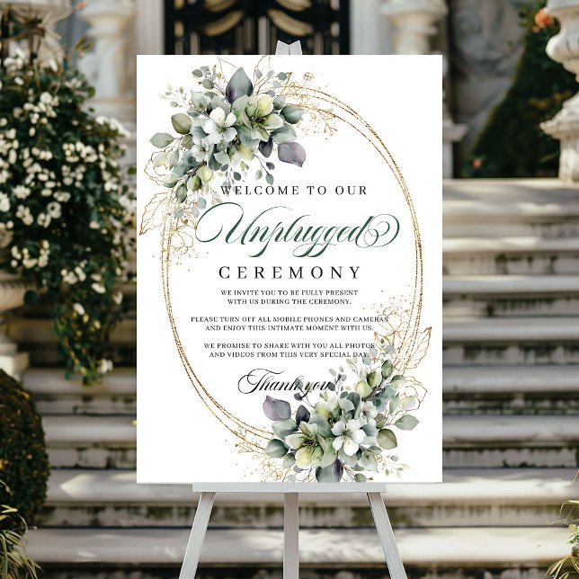 Affiche Mariage Cérémonie Non Branchée Greenery Botanique  (Greenery Botanical Gold Unplugged Ceremony Wedding Poster)