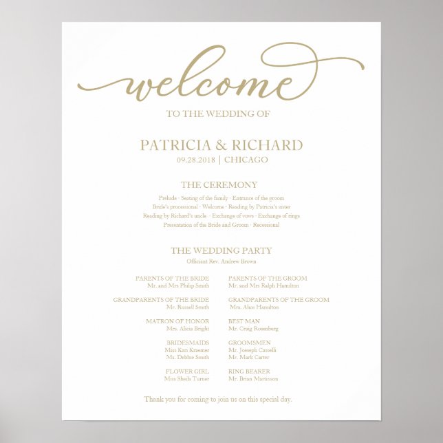 Affiche Mariage Ceremony Programme Board Chic Gold Script (Devant)