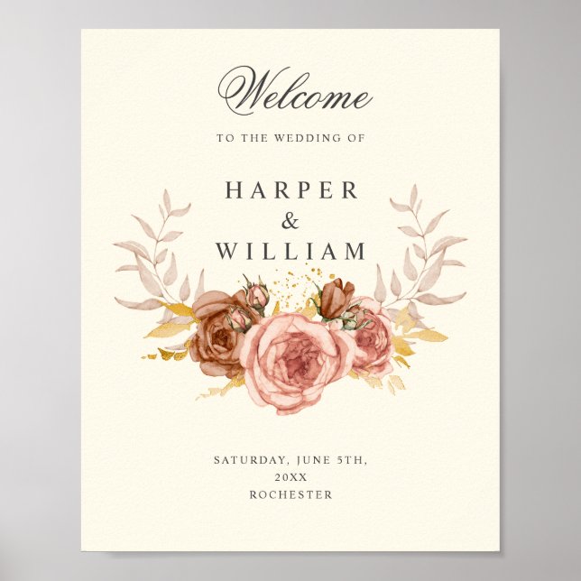 Affiche mariage champagne roses douces roses (Devant)