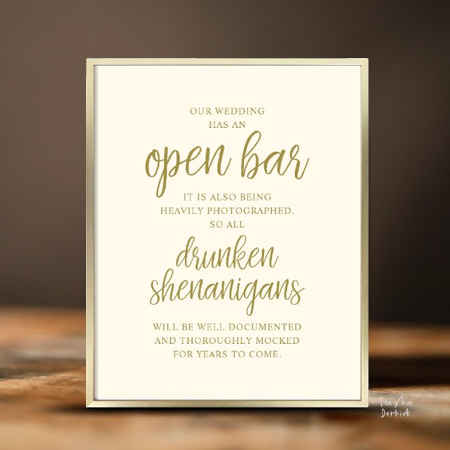Affiche Mariage champêtre, bar ouvert, débauche éthylique (Modern Rustic Wedding Open Bar Drunken Shenanigans Poster in Yellow Gold)