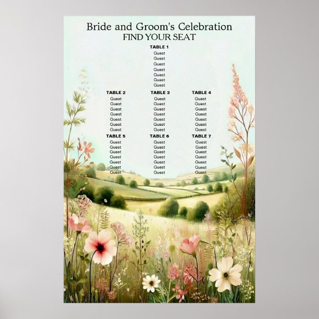 Affiche Mariage Champêtre Floral Rustique Plan de Sièges (Devant)