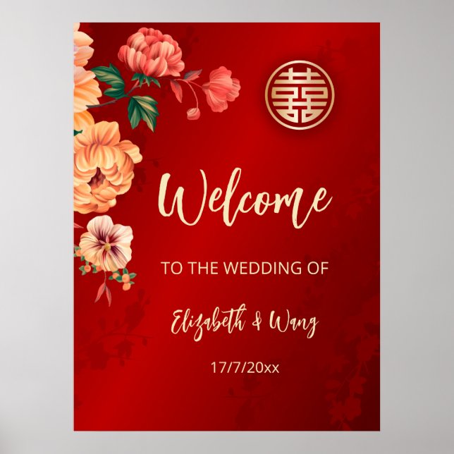 Affiche Mariage chinois à la pivoine Bienvenue au mariage (Devant)