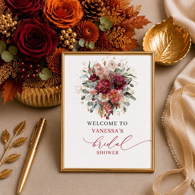 Affiche Mariage classique automnal avec verdure et couleur (Classic maroon greenery fall bridal shower 8x10 sign

)
