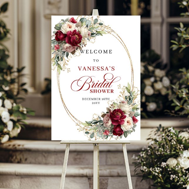Affiche Mariage Classique Bourguignon Floral : Bienvenue à (Classic Burgundy Floral Bridal Shower Welcome)