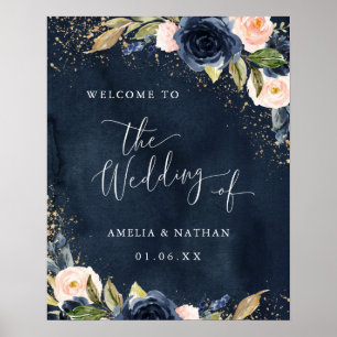 Affiche Mariage d'accueil Floral Gold Navy