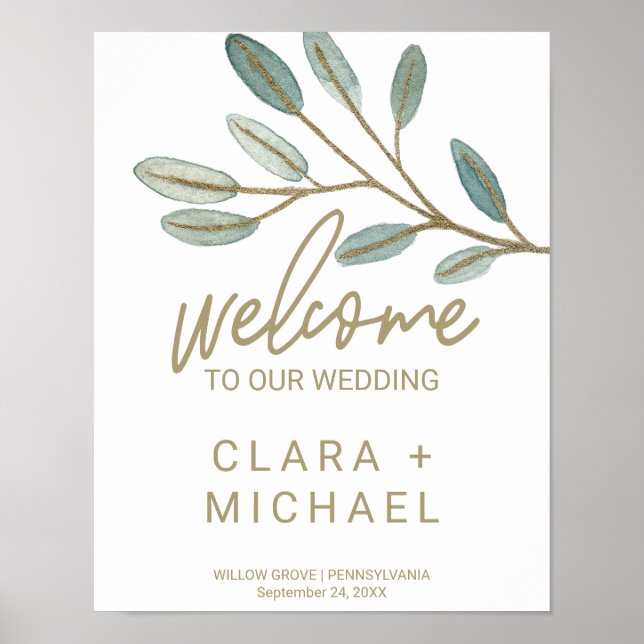 Affiche Mariage d'accueil Gold Veine Eucalyptus (Devant)