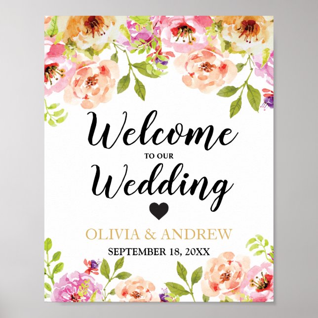Affiche Mariage d'accueil Orange rose Aquarelle Florale | (Devant)