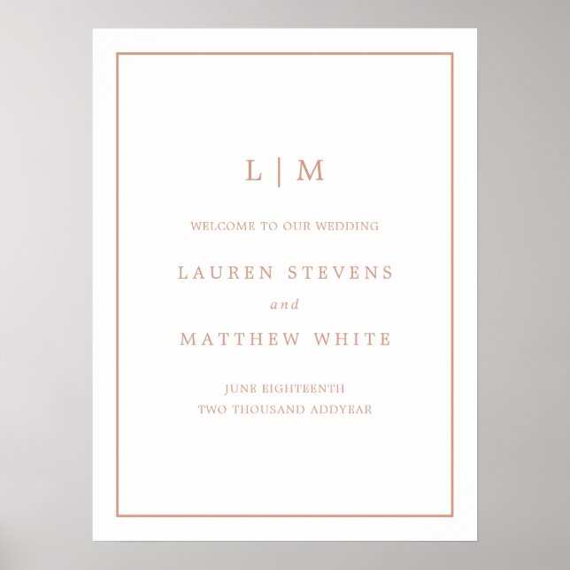 Affiche Mariage d'accueil simple Monogram Rose Gold Rose (Devant)