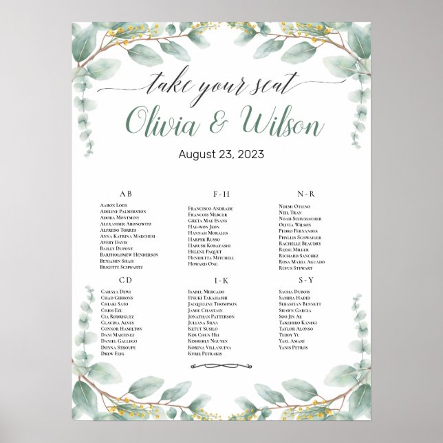 Affiche Mariage d'Alphabet Vert Élégant (Devant)