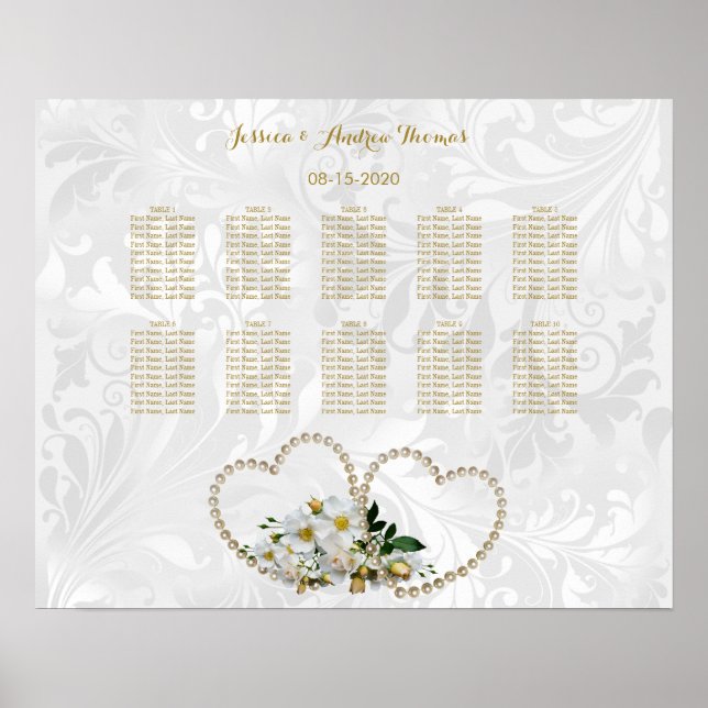 Affiche Mariage Damassé Perles Cœurs & Fleurs (Devant)