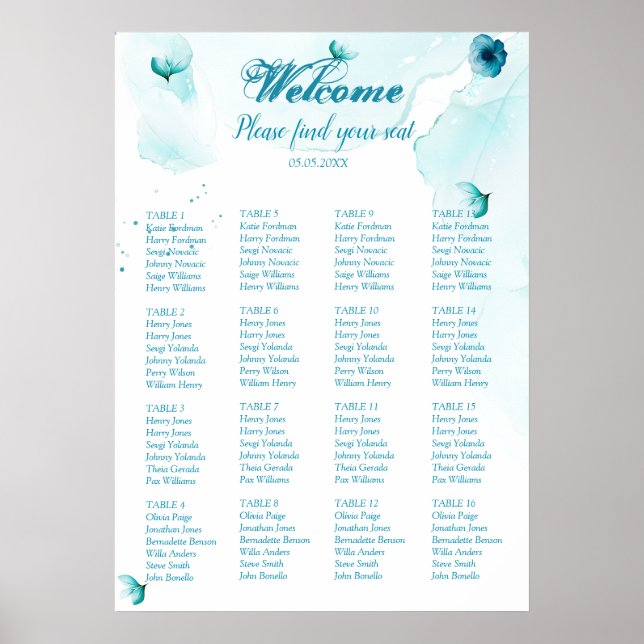 Affiche Mariage d'aquarelle bleu floral (Devant)