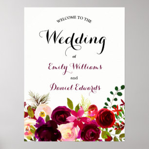 Affiche Mariage d'aquarelle florale Boho rouge Bourgogne