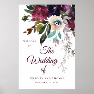 Affiche Mariage d'aquarelle florale de Bourgogne Bienvenue