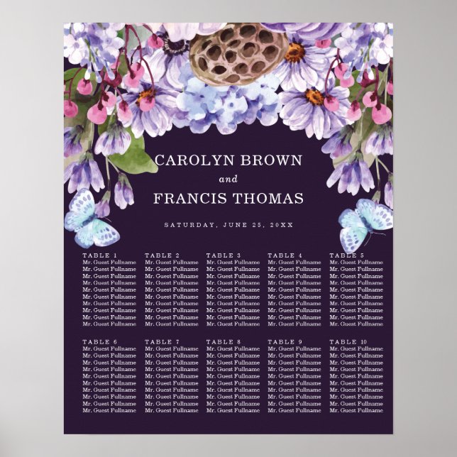 Affiche Mariage d'aquarelle florale violet | Cartes de siè (Devant)