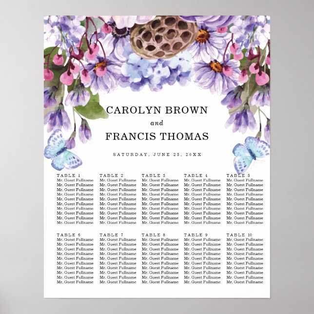 Affiche Mariage d'aquarelle florale violet | Cartes de siè (Devant)