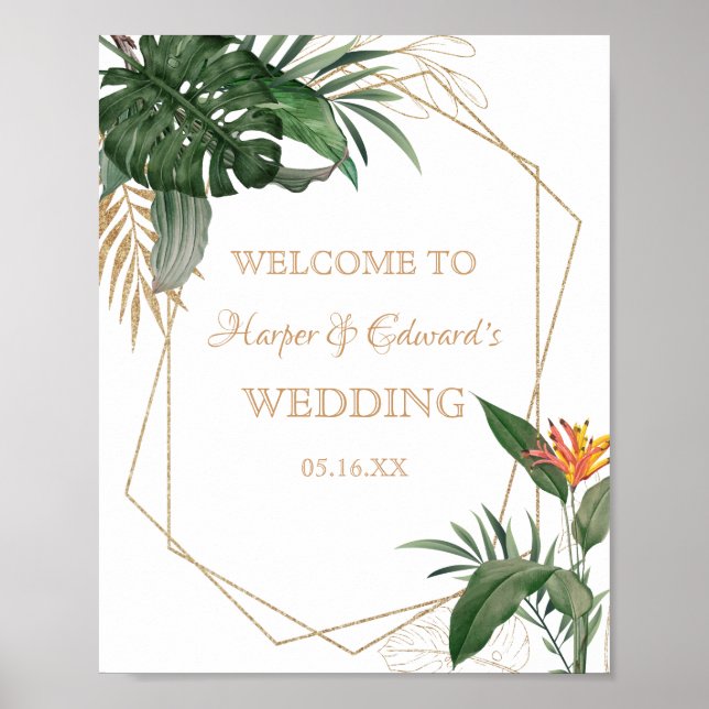 Affiche Mariage d'aquarelle Tropical Feuille Gold Frame (Devant)
