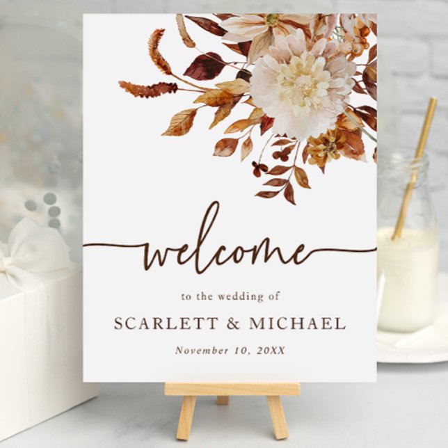 Affiche Mariage d'automne élégant de bienvenue (Autumn Floral Table Top Welcome Sign by Painted Paperie)