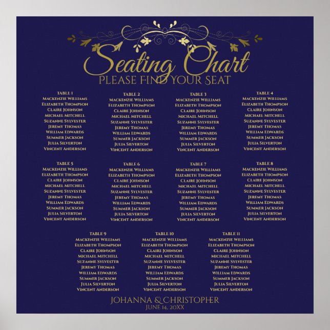 Affiche Mariage de 11 tables simple Gold & Navy (Devant)