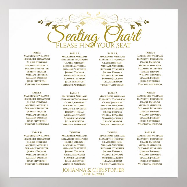 Affiche Mariage de 12 tables simple Gold & White (Devant)