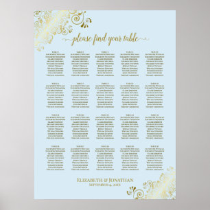 Affiche Mariage de 20 tables en poudre bleu et or