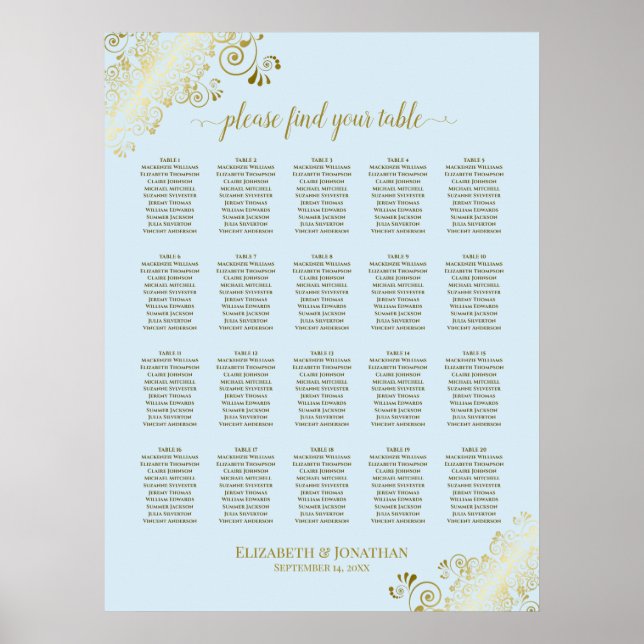 Affiche Mariage de 20 tables en poudre bleu et or (Devant)