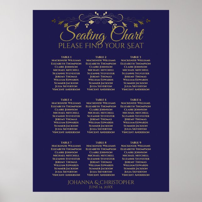 Affiche Mariage de 9 tables simple Gold & Navy (Devant)