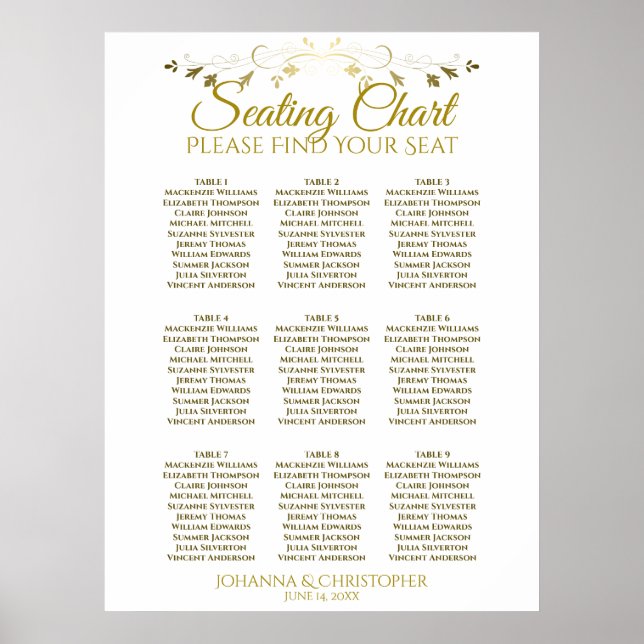 Affiche Mariage de 9 tables simple Gold & White (Devant)