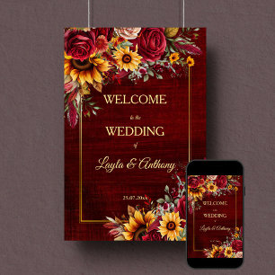 Affiche Mariage de automne bordeaux tournesols bienvenus