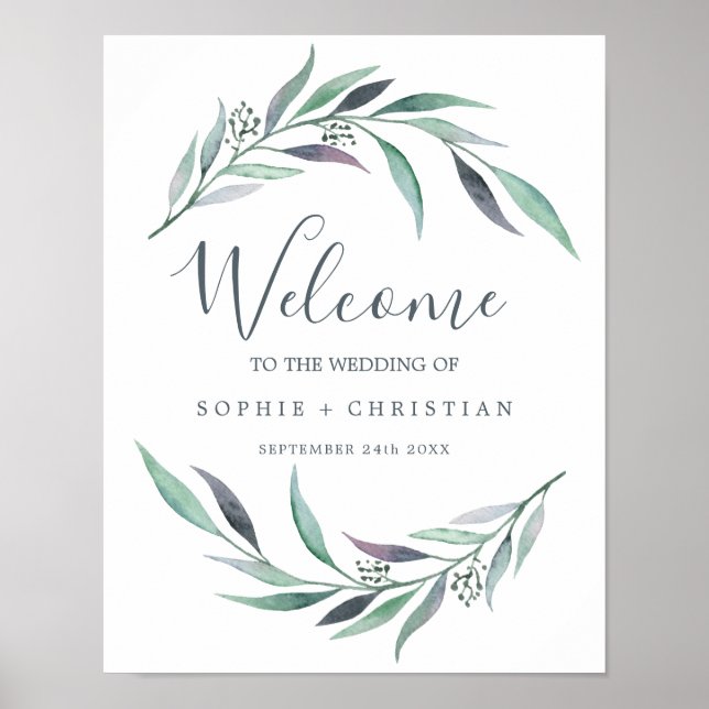 Affiche Mariage de bienvenue à l'eucalyptus violet et vert (Devant)