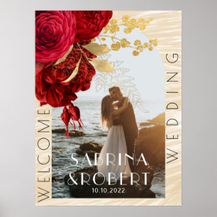 Affiche Mariage de bienvenue floral bordeaux photo arche m
