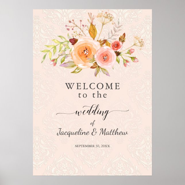Affiche Mariage de bienvenue Floral Damask Aquarelle (Devant)